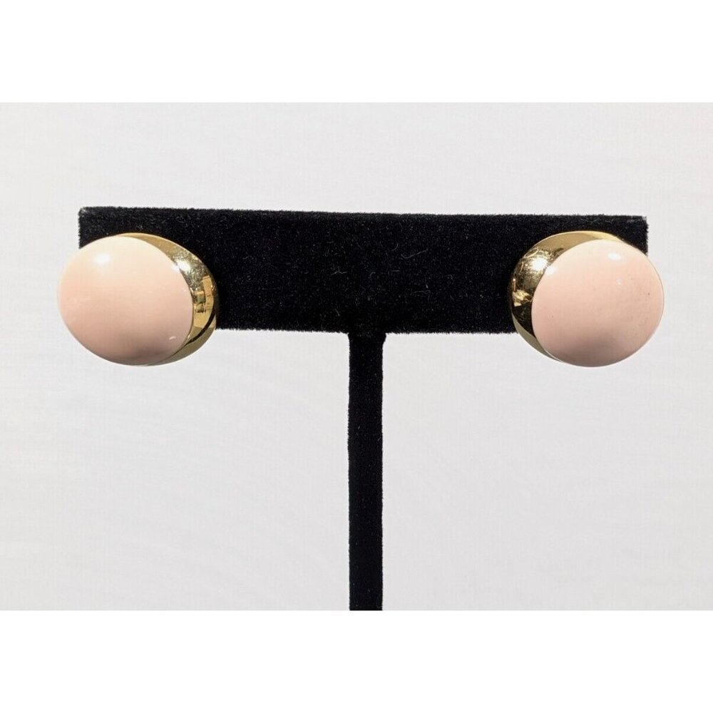Vintage Monet Peach Enamel Oval Dome Earrings Gold Tone Pierced Retro